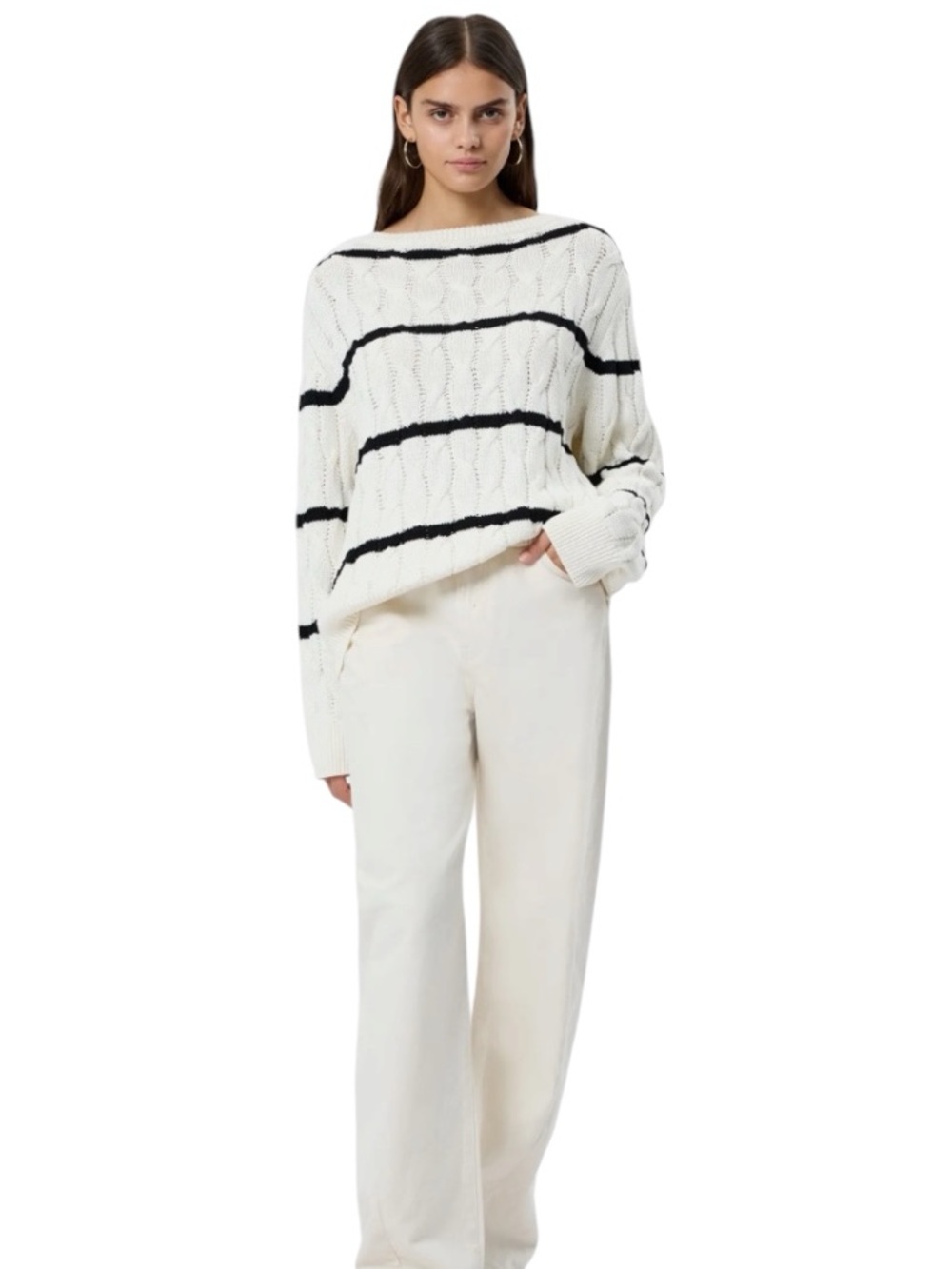 NWT French Connection Mozart Cable Knit Sweater XS Cream Black Stripe